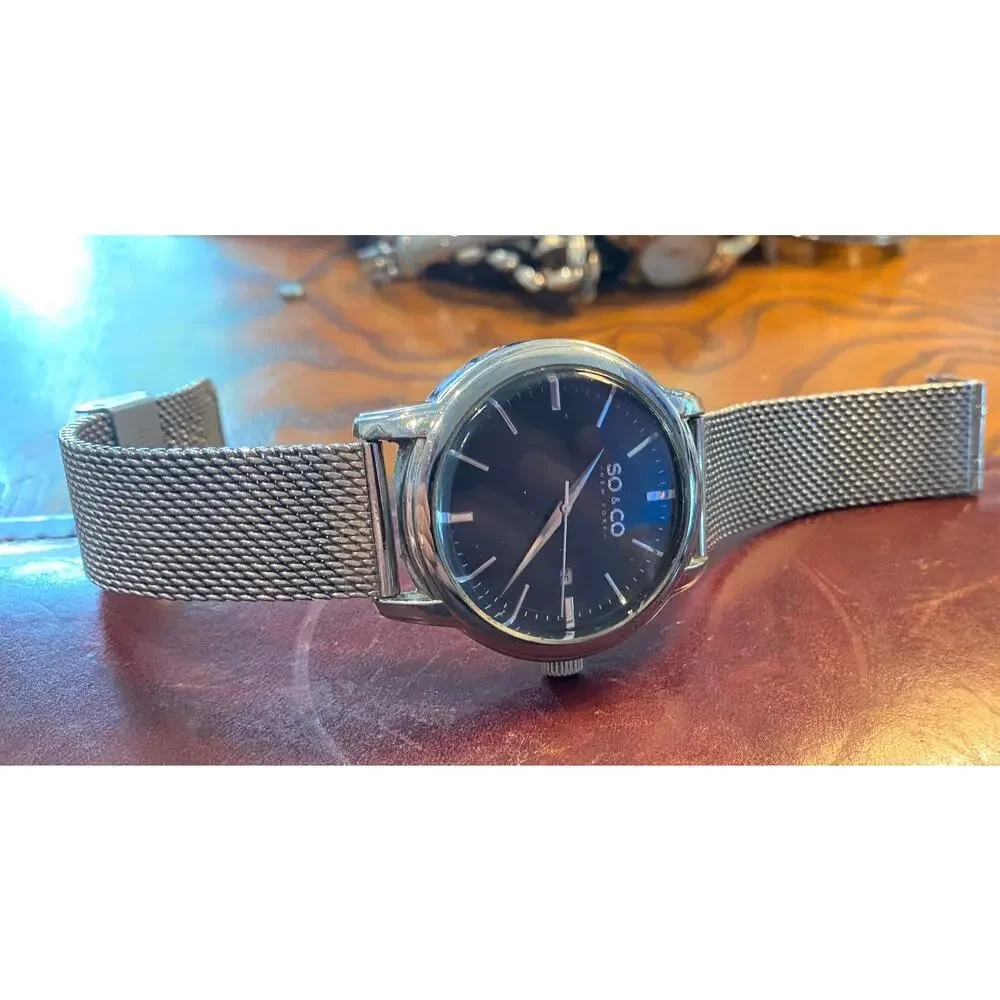 Men's 42mm silver Tone SO & CO watch, Adjustable Mesh Band, Date